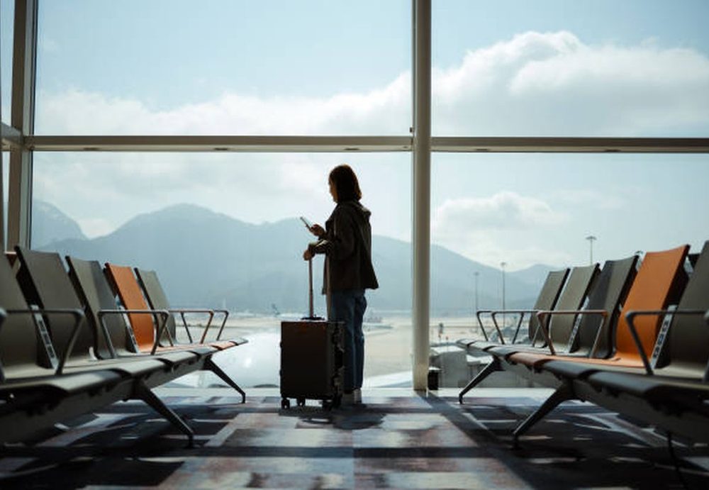 Traveller at an airport departure gate